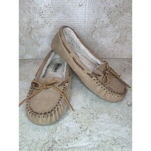 Minnetonka Boho Faux Fur Lined Moccasins Women Sz 6M Tan Suede Slip On Shoes